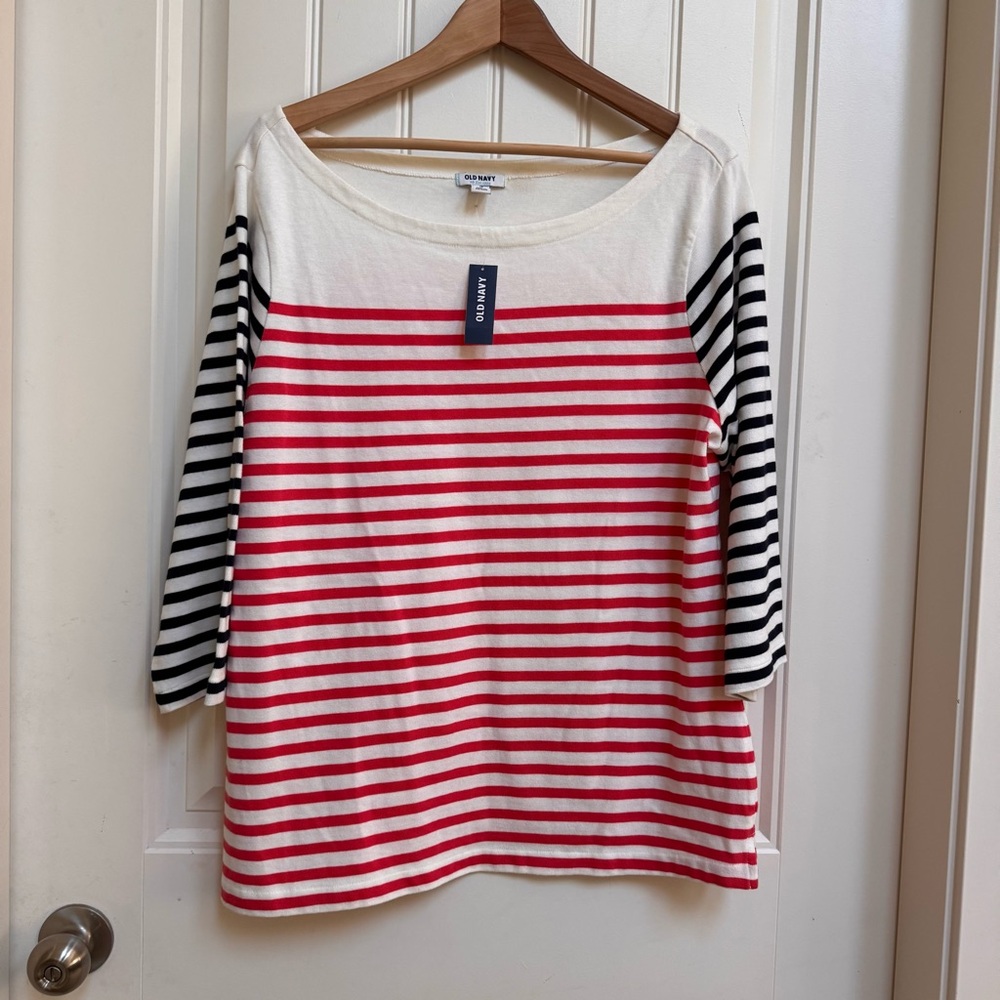 NWT Old Navy Cream Knit Tunic with Navy Blue and Orange Red Stripes. Size XL